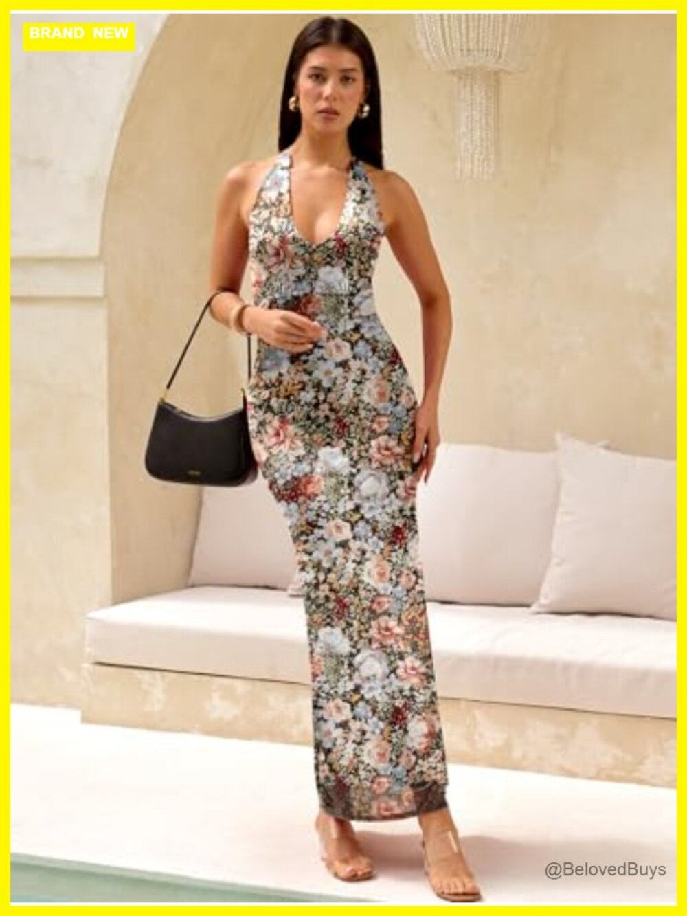 Women's Halter Neck Bodycon Maxi Dress Floral Mesh Formal Wedding Guest - Picture 3 of 6